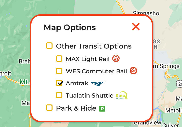 Map Options: Amtrak