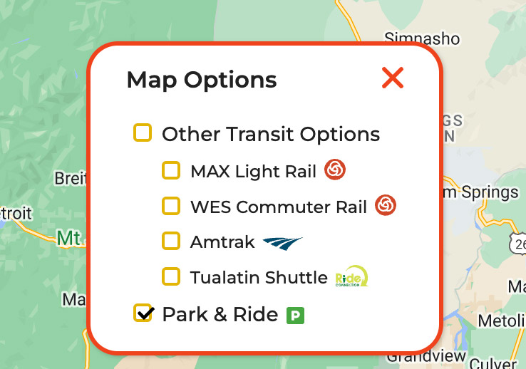 Map Options: Park & Ride