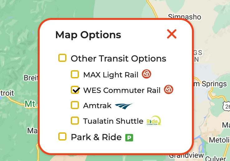 Map Options: WES Commuter Rail